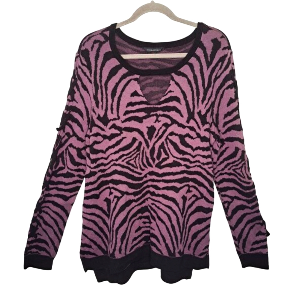 Rock & Republic Purple Black Zebra Striped Pullover Sweater Size XL